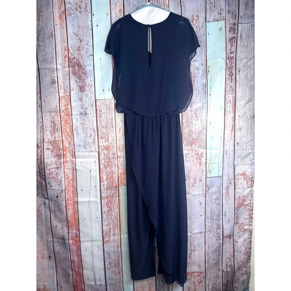 NWT Snappy Turtle Navy Blue Chiffon Overlay Jumpsuit XS Wedding Cocktail
